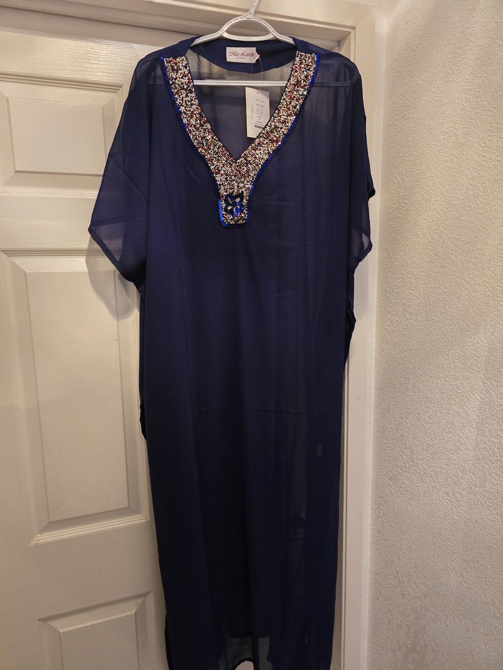 Navy Beaded V-Neck Kaftan Dress